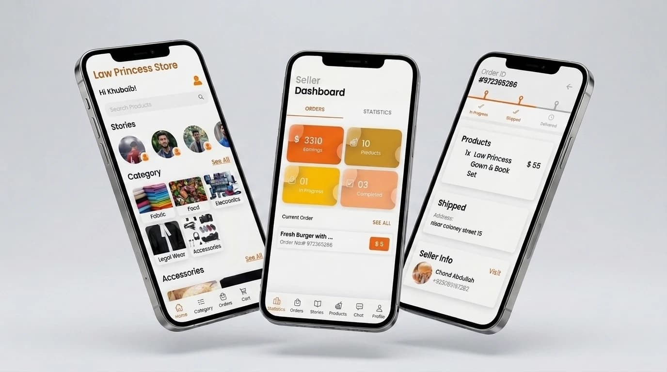 La Princess Store app on three phones — the shopper home with stories and categories, the seller dashboard with earnings and orders, and an order detail with its shipping tracker