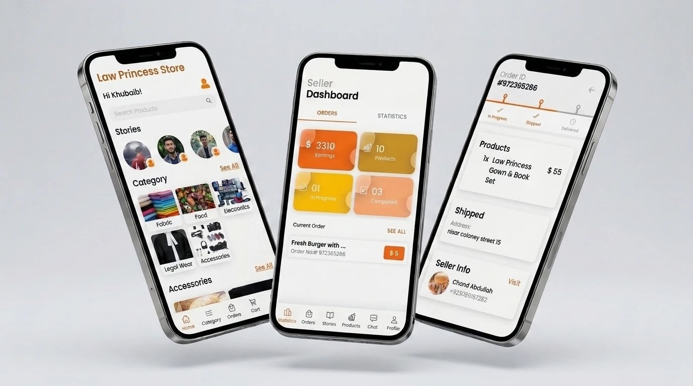 La Princess Store app on three phones — the shopper home with stories and categories, the seller dashboard with earnings, products, in-progress and completed orders, and an order detail with its shipping tracker and seller info