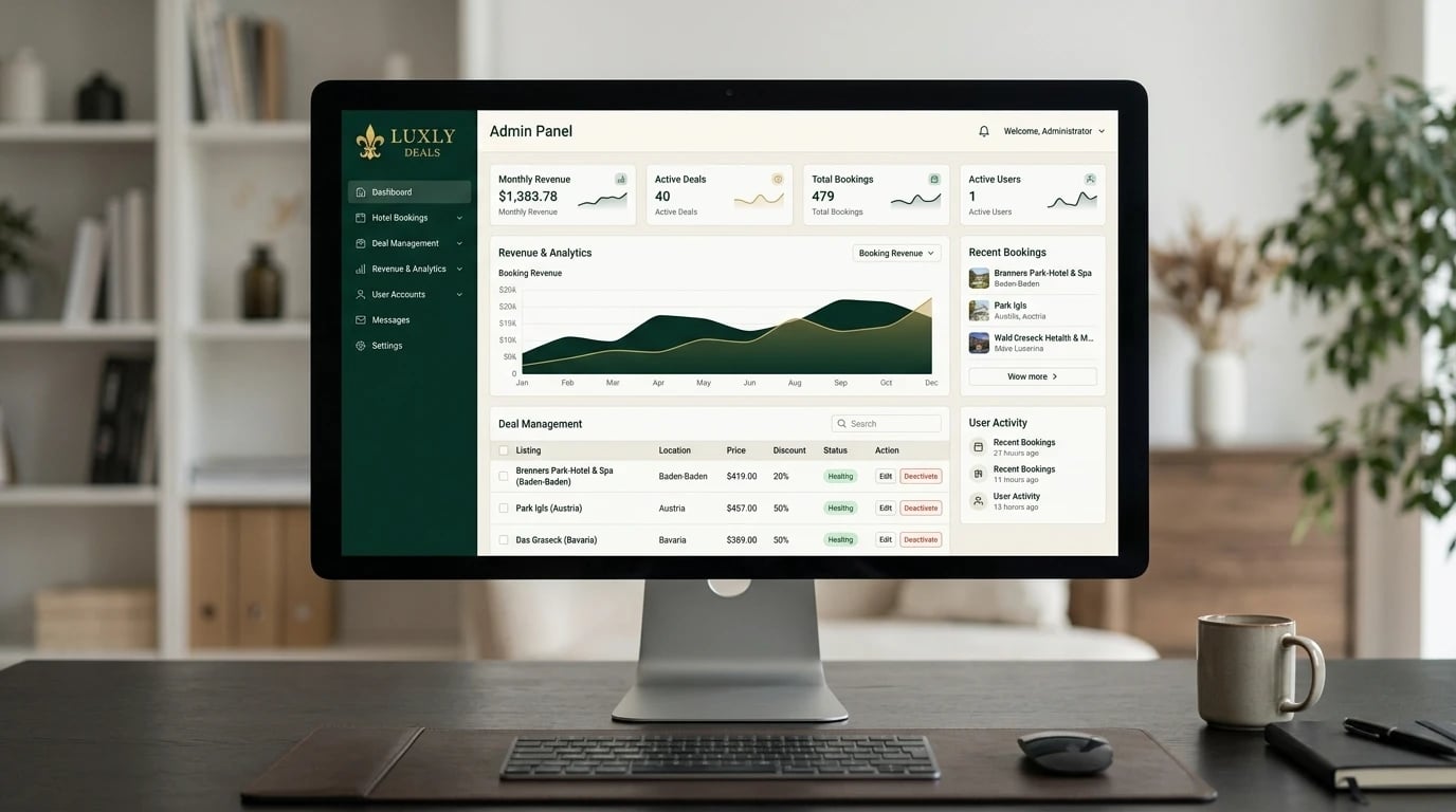 Luxly Deals admin panel on an iMac — monthly revenue, active deals, total bookings and active users, a booking-revenue chart, recent bookings and the deal management table