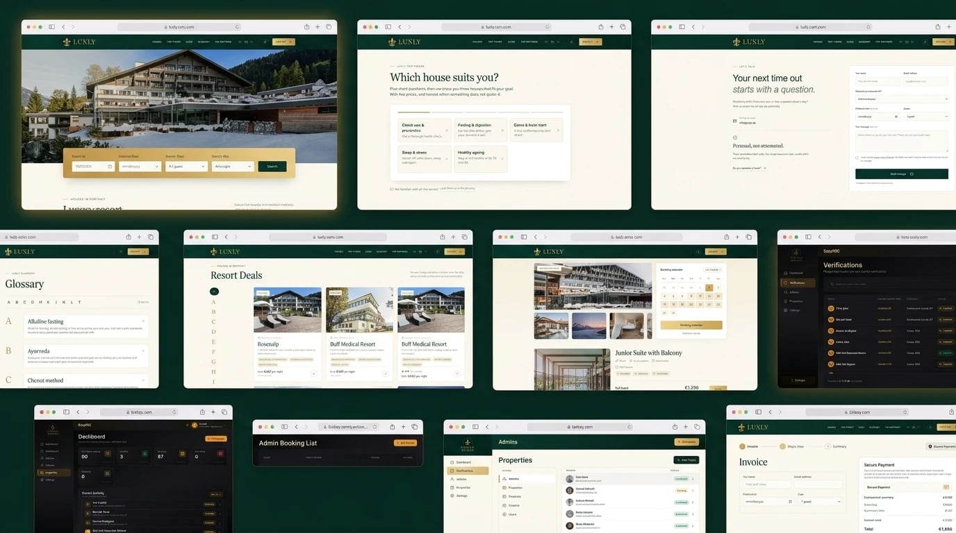 Luxly Deals screens — the home with a date and guest search, the trip finder, the contact form, the glossary, Resort Deals with prices per night, a house page with a booking calendar and a Junior Suite, an invoice with secure payment, and the admin dashboard, verifications, booking list and properties