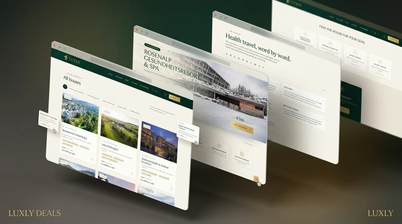 Luxly Deals in floating browser windows — All houses with live prices, the Rosenalp Gesundheitsresort & Spa house page from €586 per night, the glossary and goal finder