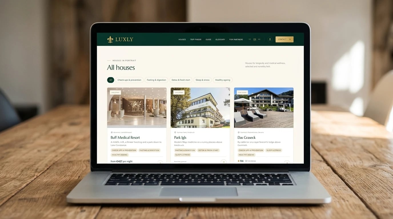 Luxly Deals website on a laptop — All houses with goal filters, and Buff Medical Resort, Park Igls and Das Graseck with their tags and prices per night