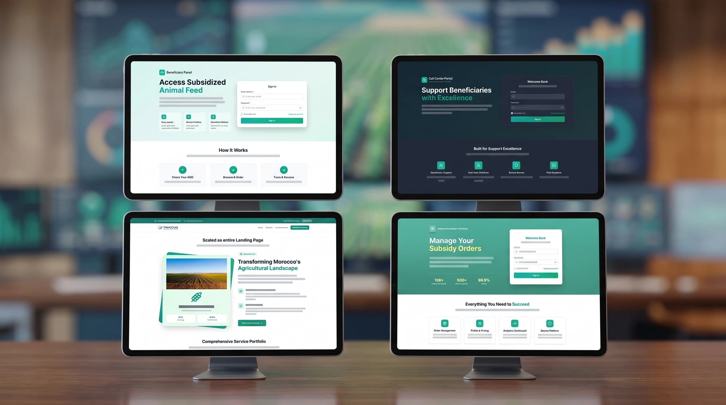 Subvention Maroc Lait — Federation dashboard, beneficiary ordering and supplier management screens