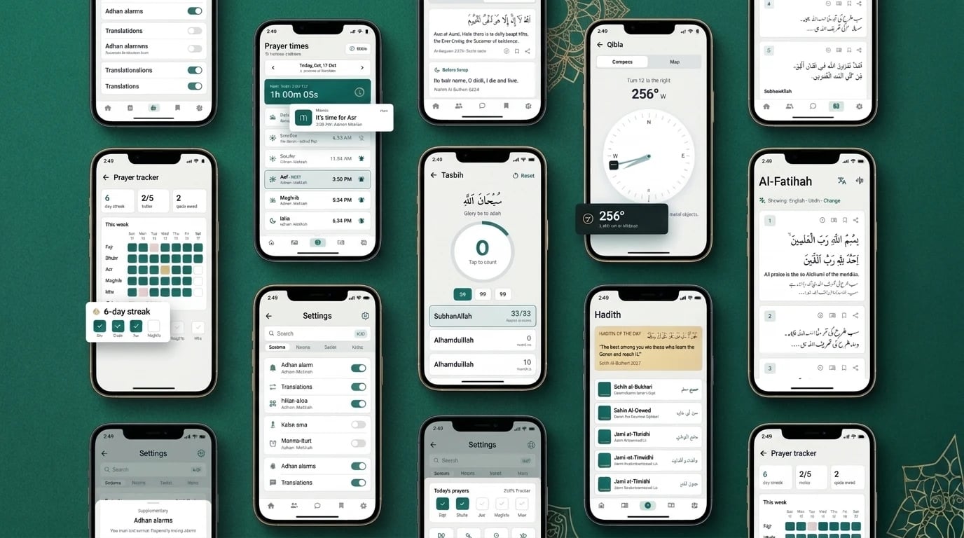 Momin app screens — prayer times with an It's time for Asr notification, Duas, the Qibla compass at 256°, Tasbih, the prayer tracker with a 6-day streak, Hadith books, Al-Fatihah in English and Urdu, and adhan and translation settings