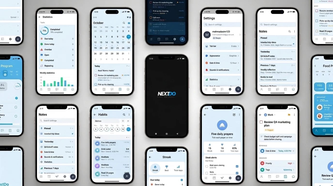 NextDo app screens — statistics, an October calendar with the day's tasks, settings, notes, habits with a week strip, the five daily prayers habit with streak alerts, a flagged task with date, priority and tags, and the splash screen