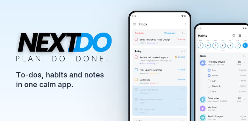 NextDo — Plan. Do. Done. To-dos, habits and notes in one calm app, beside the Inbox with overdue and today's tasks and the Habits screen with the five daily prayers