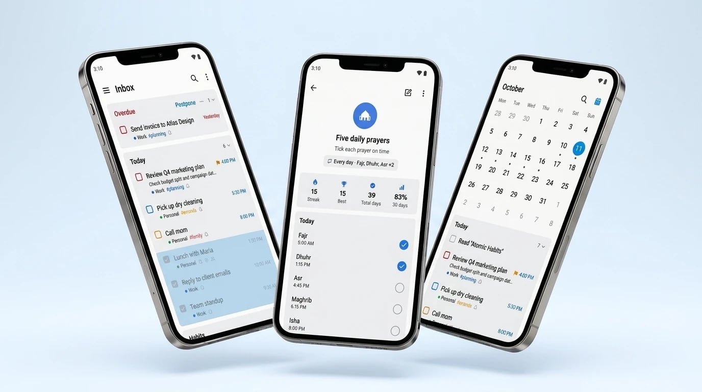 NextDo on three phones — the Inbox with overdue and today's tasks, the five daily prayers habit with a 15-day streak and Fajr to Isha, and the October calendar with the day's tasks