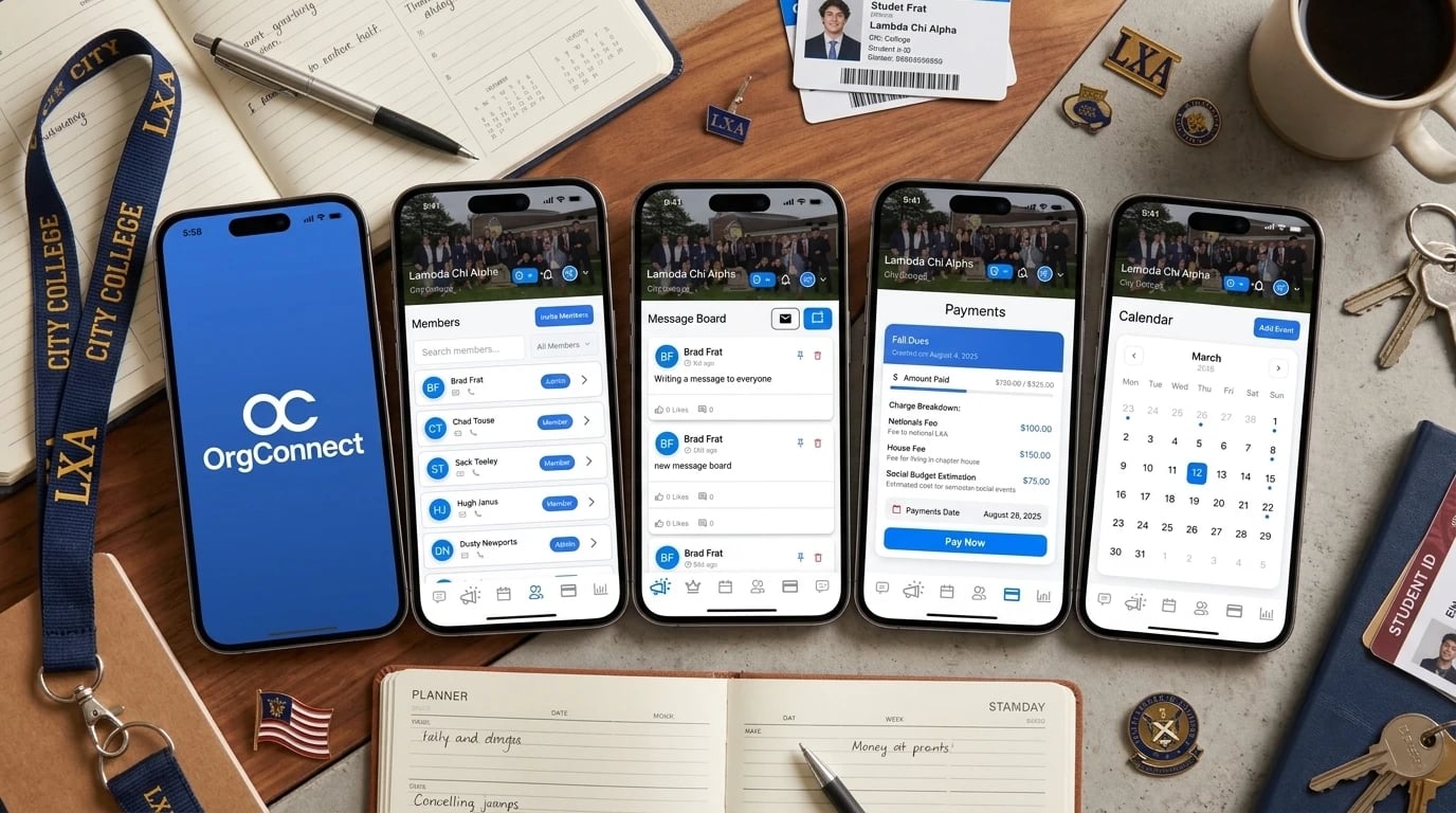 OrgConnect app on five phones — splash screen, member directory, message board, fall dues payment with charge breakdown, and the chapter calendar