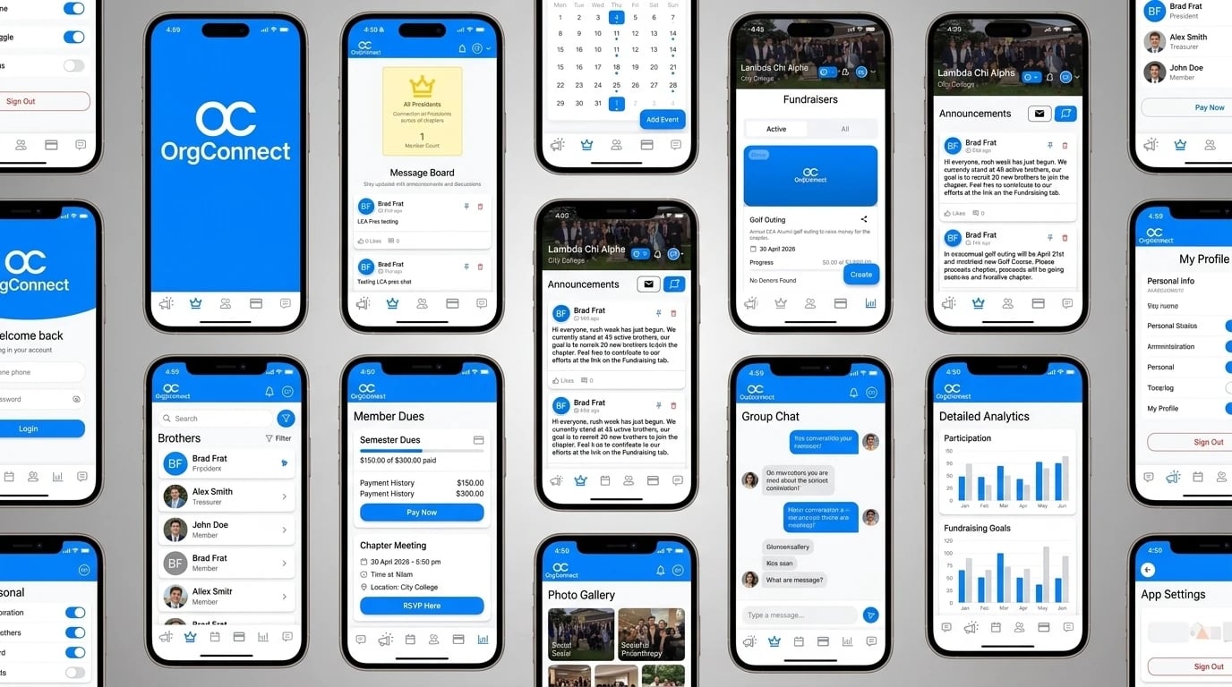OrgConnect app screens — splash, message board, calendar, fundraisers, announcements, member directory, member dues and chapter meeting, group chat, photo gallery, analytics and settings