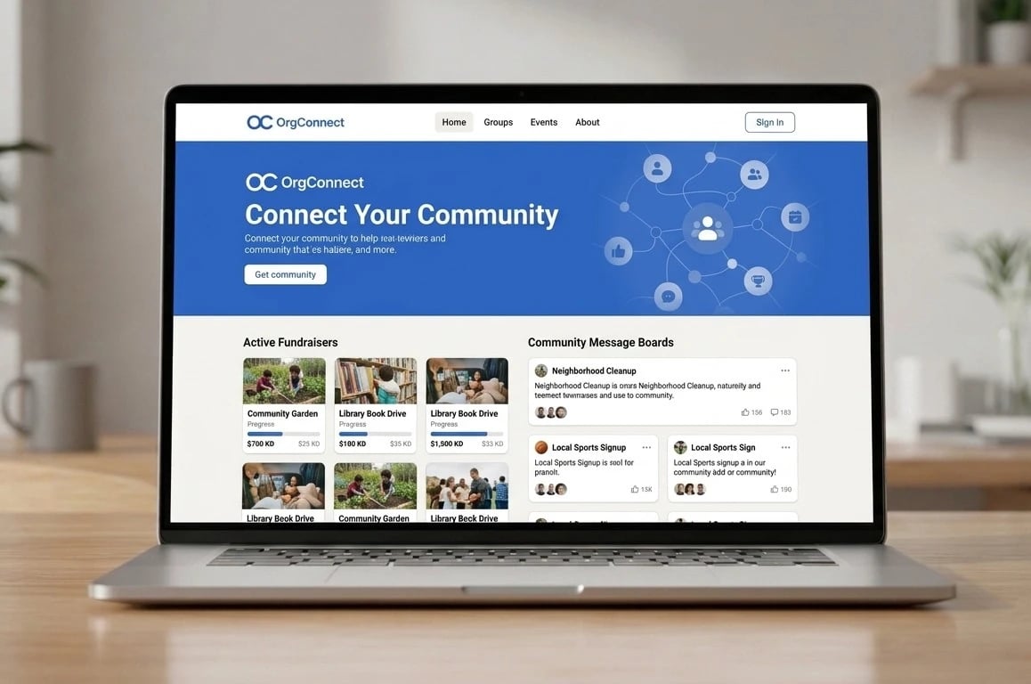 OrgConnect web app on a laptop — Connect Your Community hero, active fundraisers with progress and community message boards