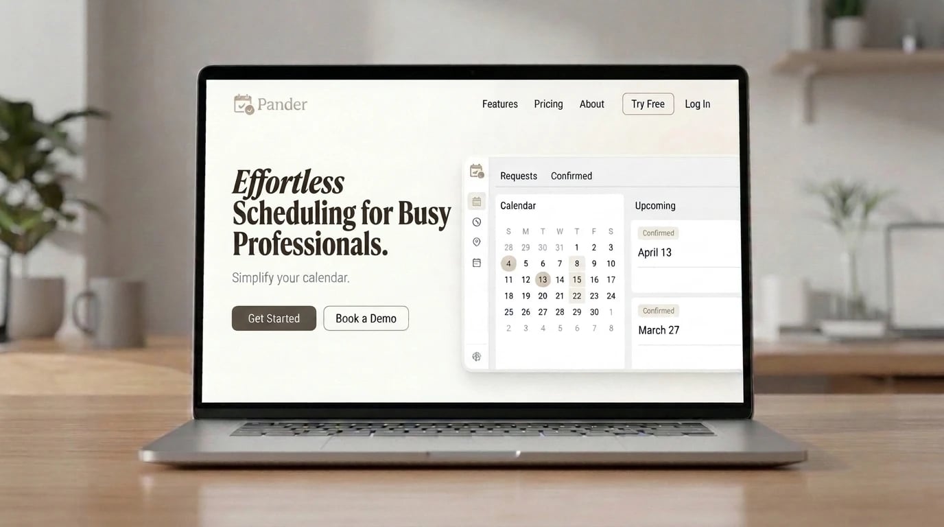 Pander on a laptop — calendar view with requests and confirmed tabs and a list of upcoming confirmed bookings