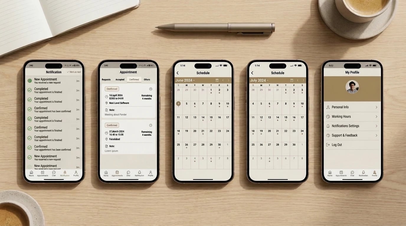 Pander app on five phones — notifications, appointment tabs, two months of schedule, and a profile with working hours
