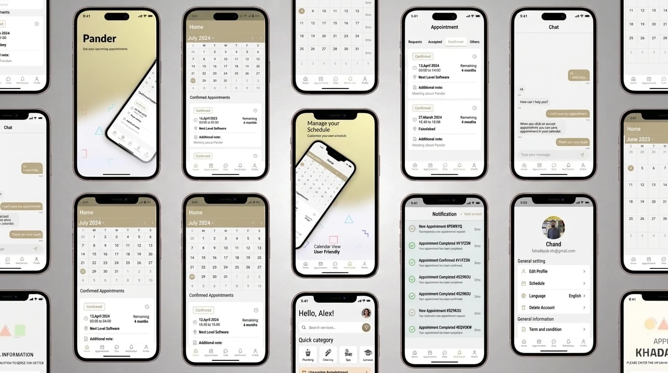 Pander app screens — onboarding, calendar home with confirmed appointments, appointment tabs, chat, notifications, quick categories and profile
