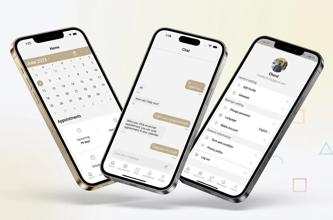 Pander app on three phones — calendar home with appointments, a support chat, and profile settings with schedule, language and account options