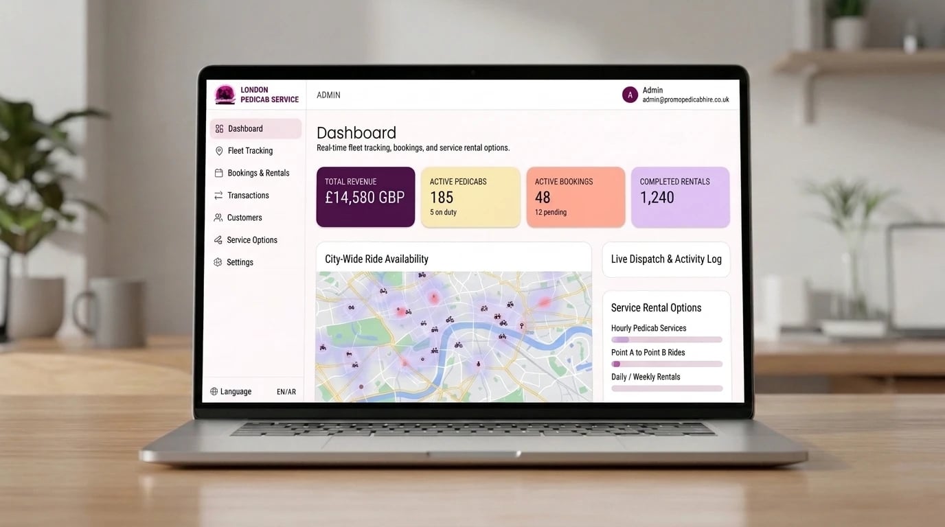 Pedicab London admin dashboard on a laptop — revenue, active pedicabs, active bookings and completed rentals, a city-wide ride availability map of London and service rental options