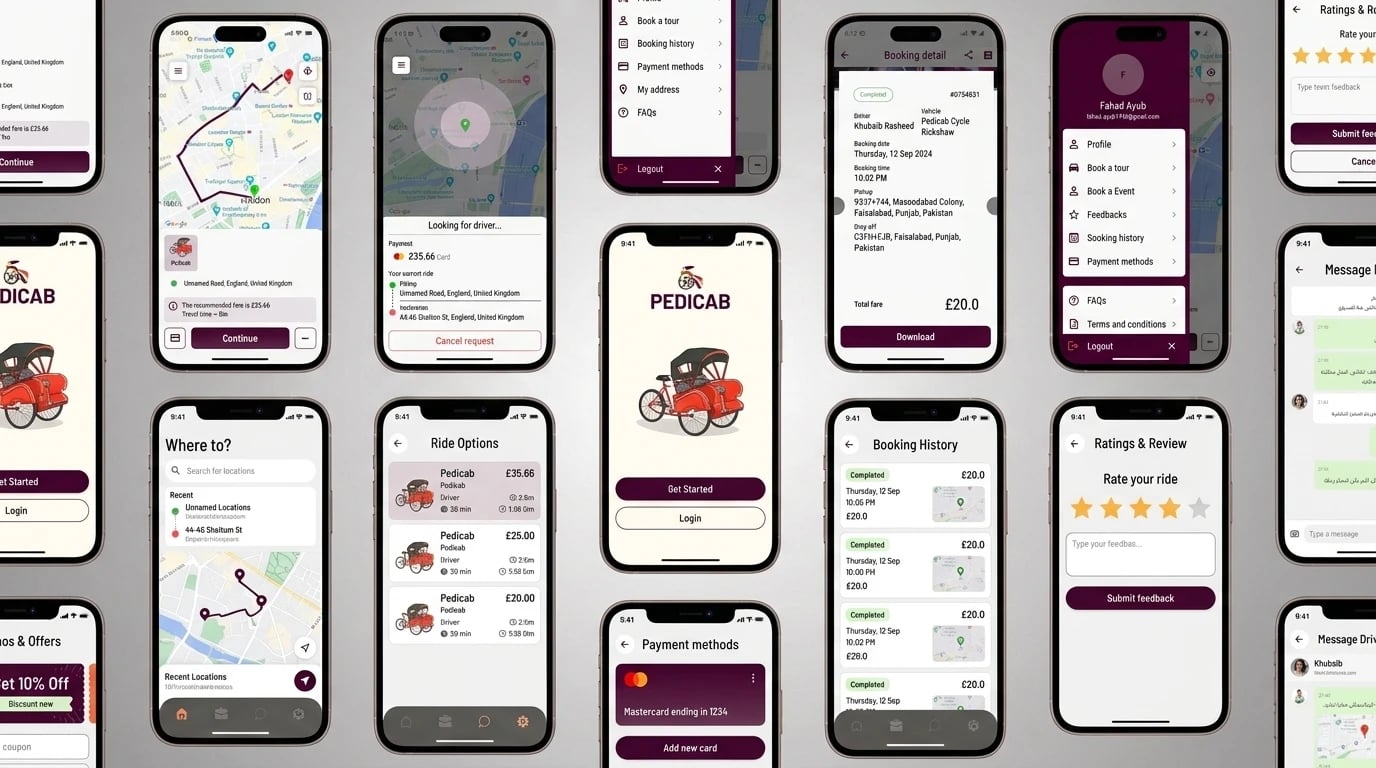 Pedicab London app screens — Get Started, Where to?, ride options with fares, live route, booking history, booking detail, ratings and review, payment methods, promos and chat with the driver