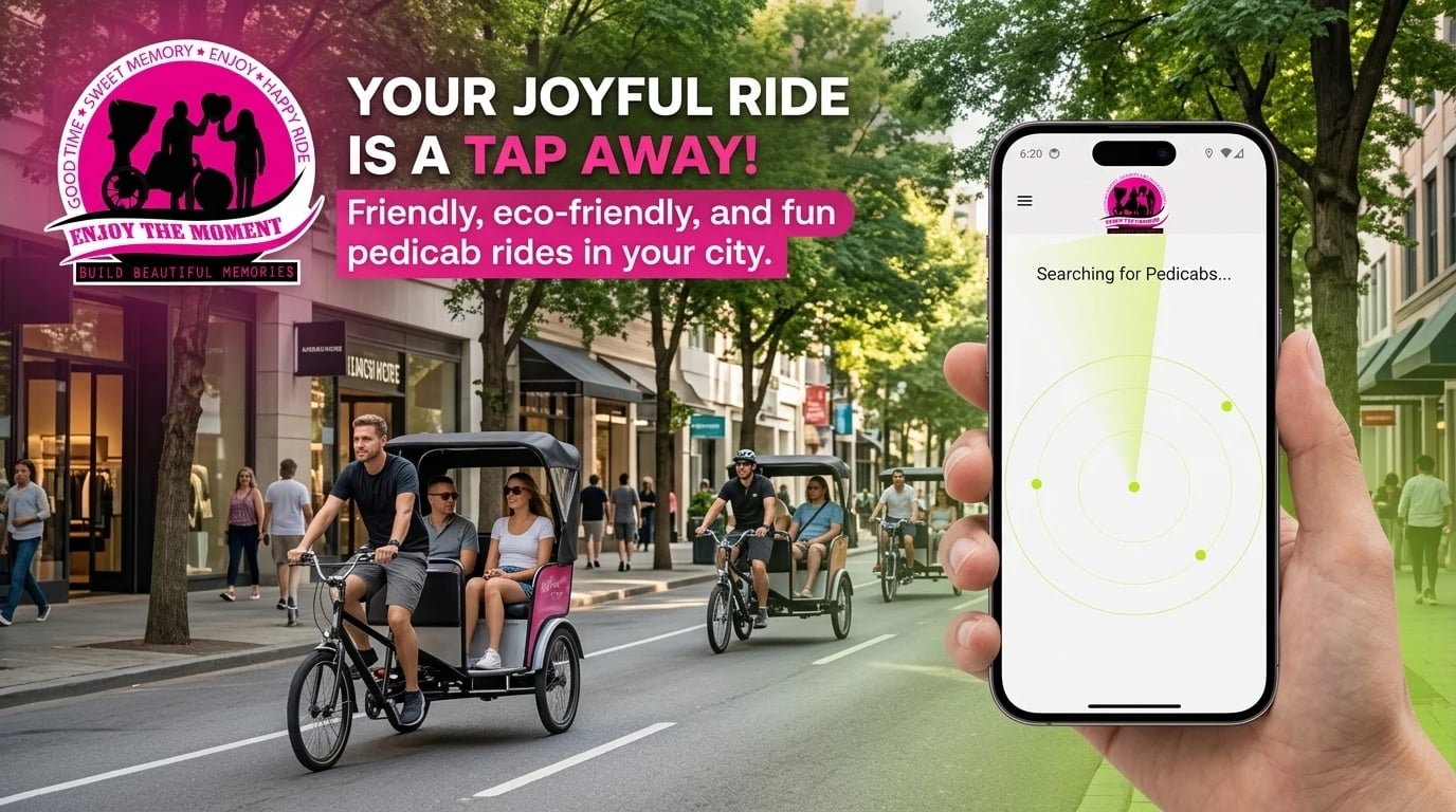 Pedicab London — pedicabs carrying passengers down a tree-lined street, beside a phone searching for nearby pedicabs: Your joyful ride is a tap away