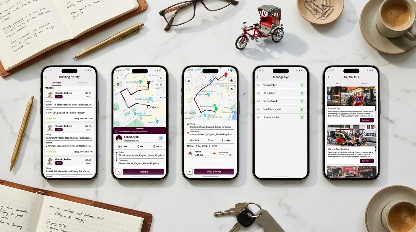 Pedicab London driver app on five phones — booking history, navigation to pickup with Arrived, a routed trip with fare, Manage KYC, and tuk-tuk tours