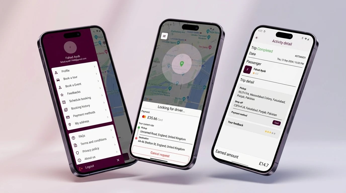 Pedicab London passenger app on three phones — the side menu with tours, events and scheduled bookings, looking for a driver with a £35.66 card fare, and a completed trip's activity detail