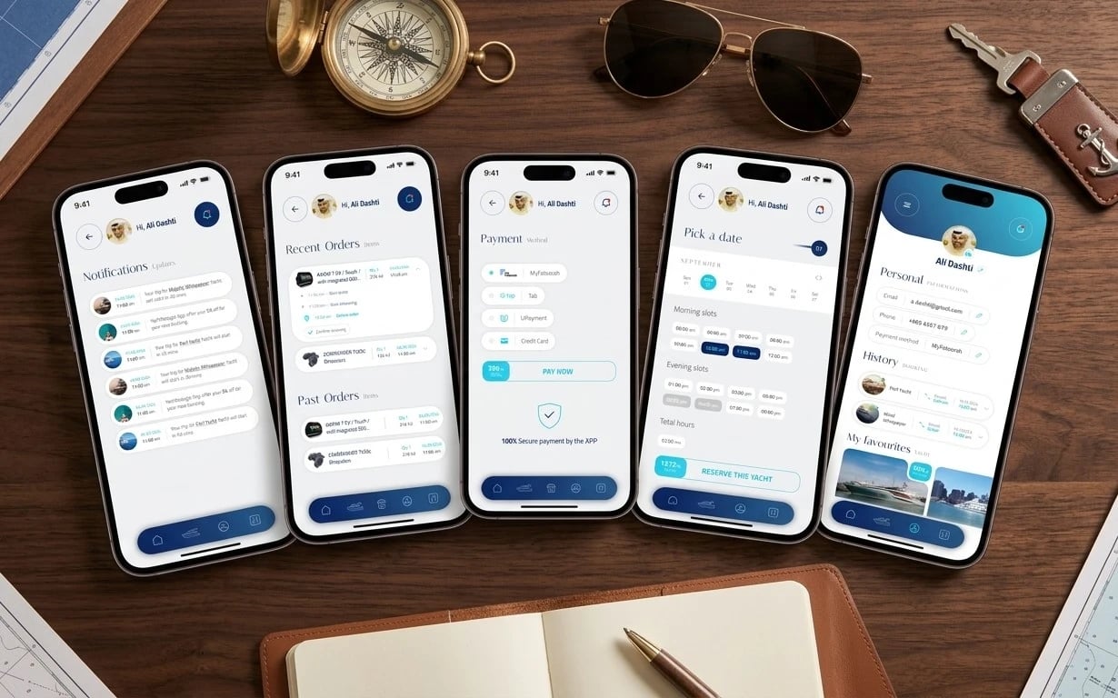 Port app on five phones — notifications, recent and past orders, payment method selection, time-slot booking and the profile with booking history and favourites