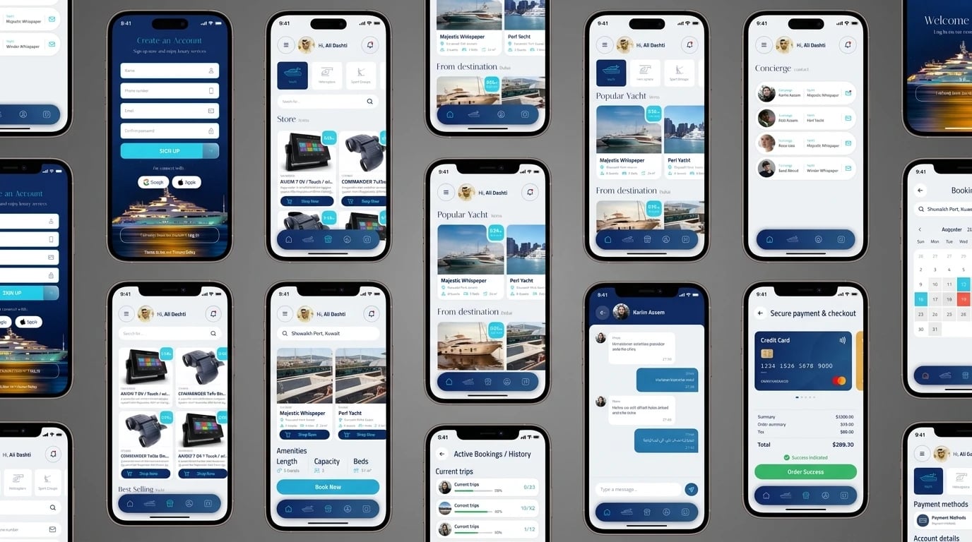 Port app screens — sign-up, yacht categories, popular yachts and destinations, marine store, concierge contacts, chat, active bookings, secure checkout and booking calendar