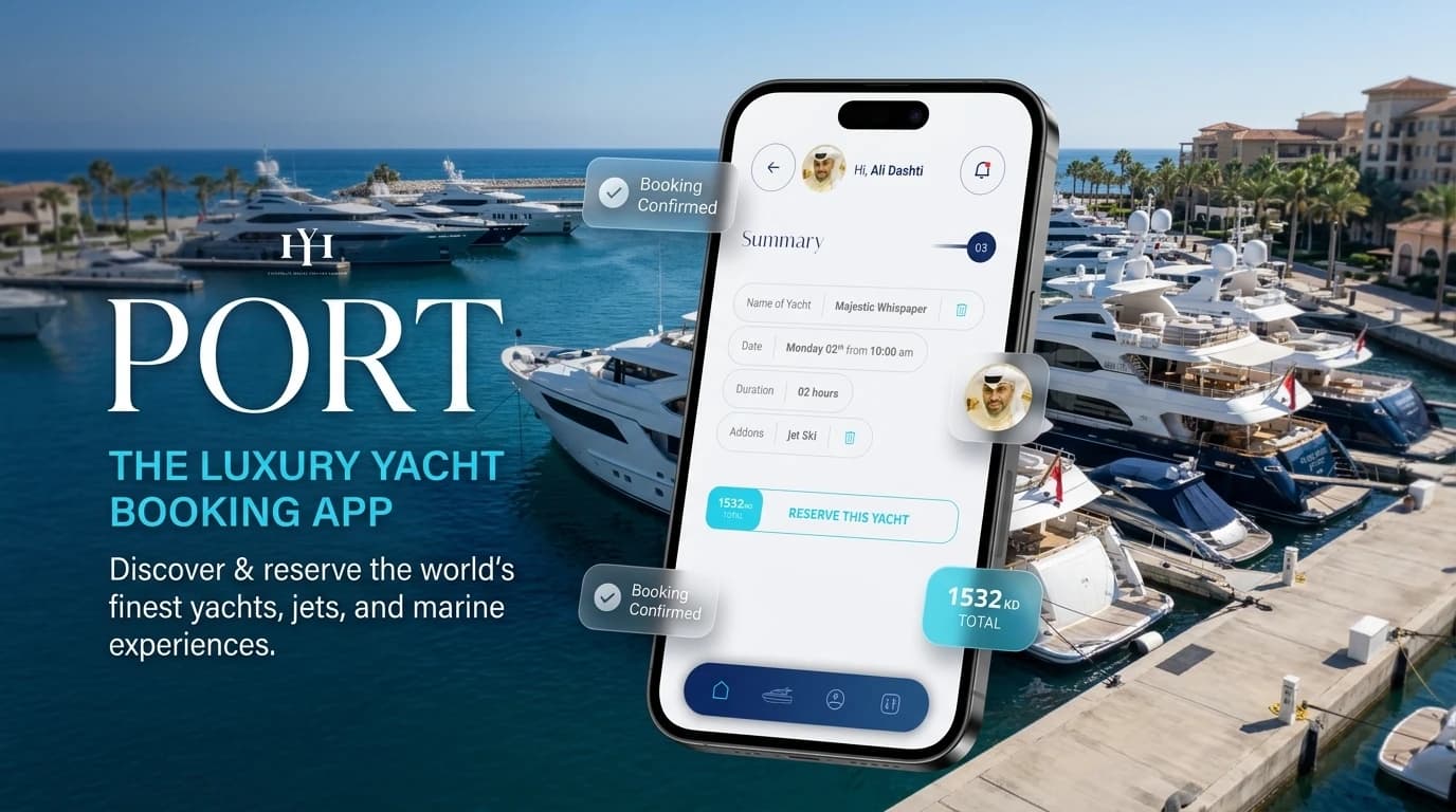 Port, the luxury yacht booking app — a booking summary with yacht, date, duration and a jet ski add-on, over a marina of yachts