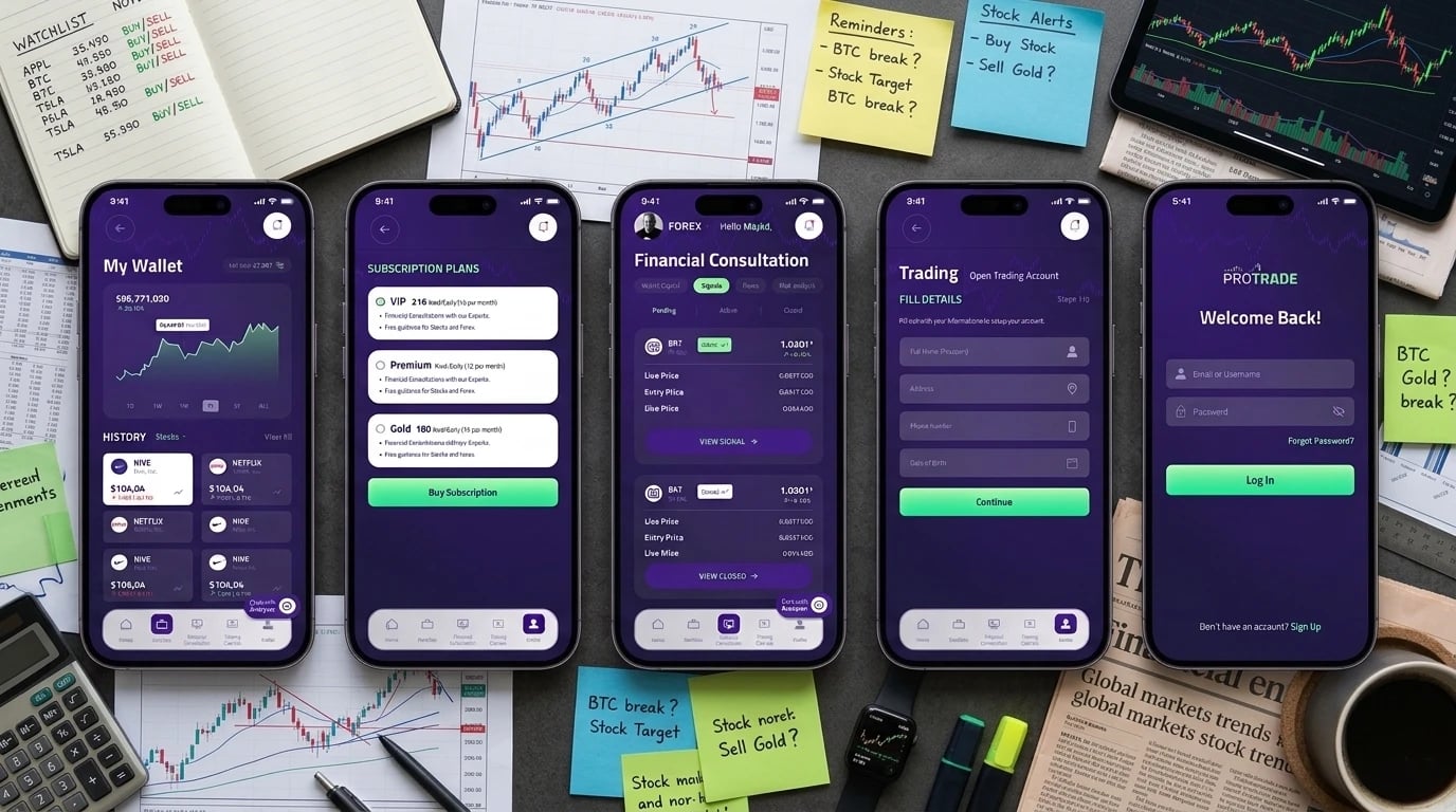 Pro Trade app on five phones — wallet with stock history, subscription plans, financial consultation signals, open trading account form and sign-in