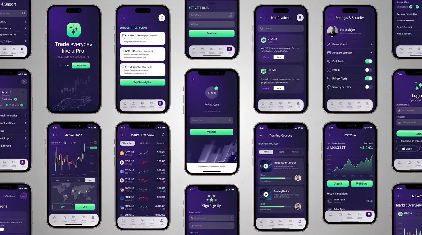 Pro Trade app screens — welcome screen, subscription plans, activate deal, referral code, notifications, settings and security, account verification, active trade chart, market overview, training courses, portfolio with deposit and withdraw, and sign-in