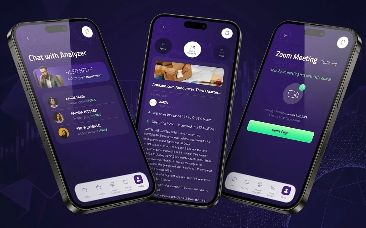 Pro Trade app on three phones — chat with an analyzer, a market scenario news story, and a confirmed Zoom consultation