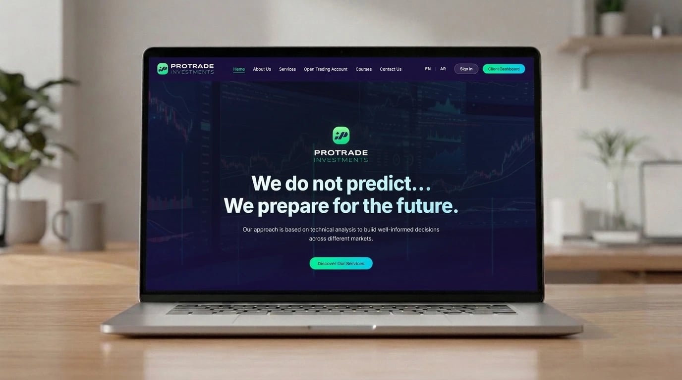 Pro Trade Investments website on a laptop — the homepage hero, We do not predict… We prepare for the future, with English and Arabic, Sign in and Client Dashboard