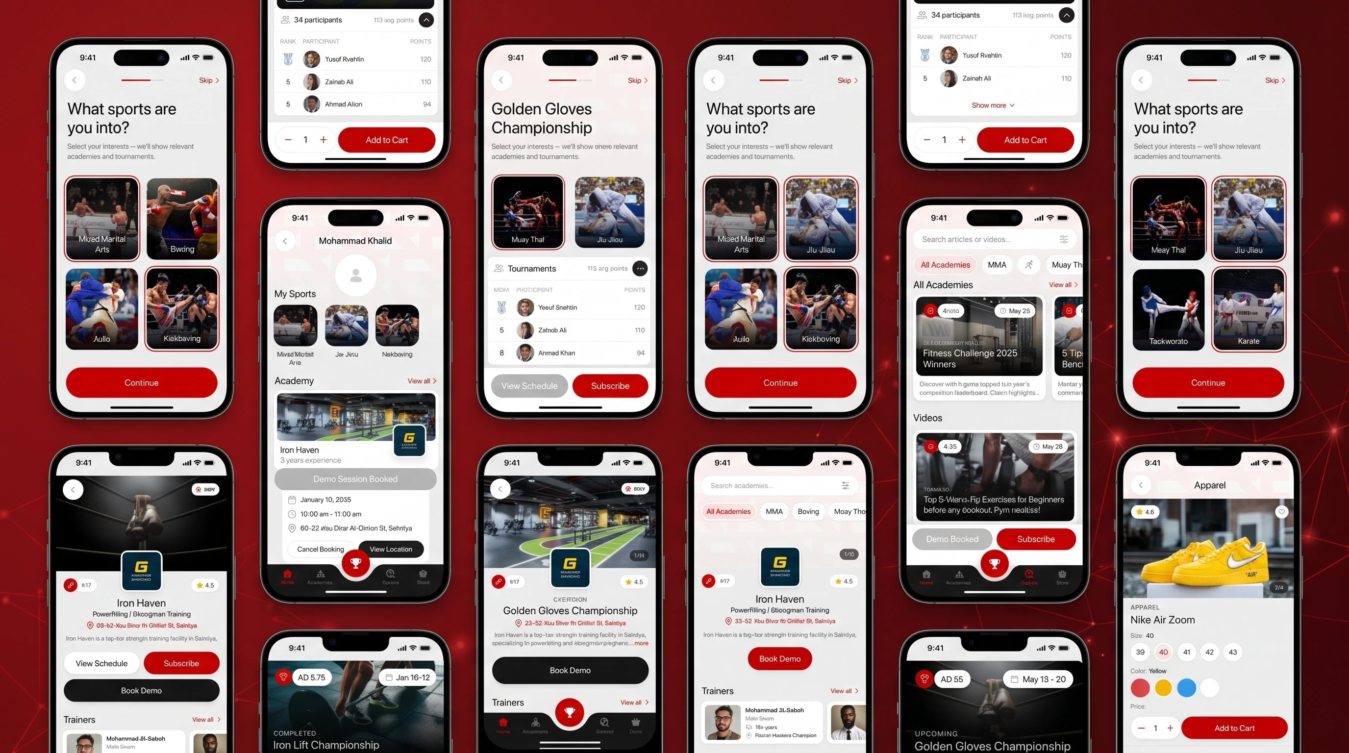 RRR Arena — gym discovery and booking, tournament registration and sports store screens