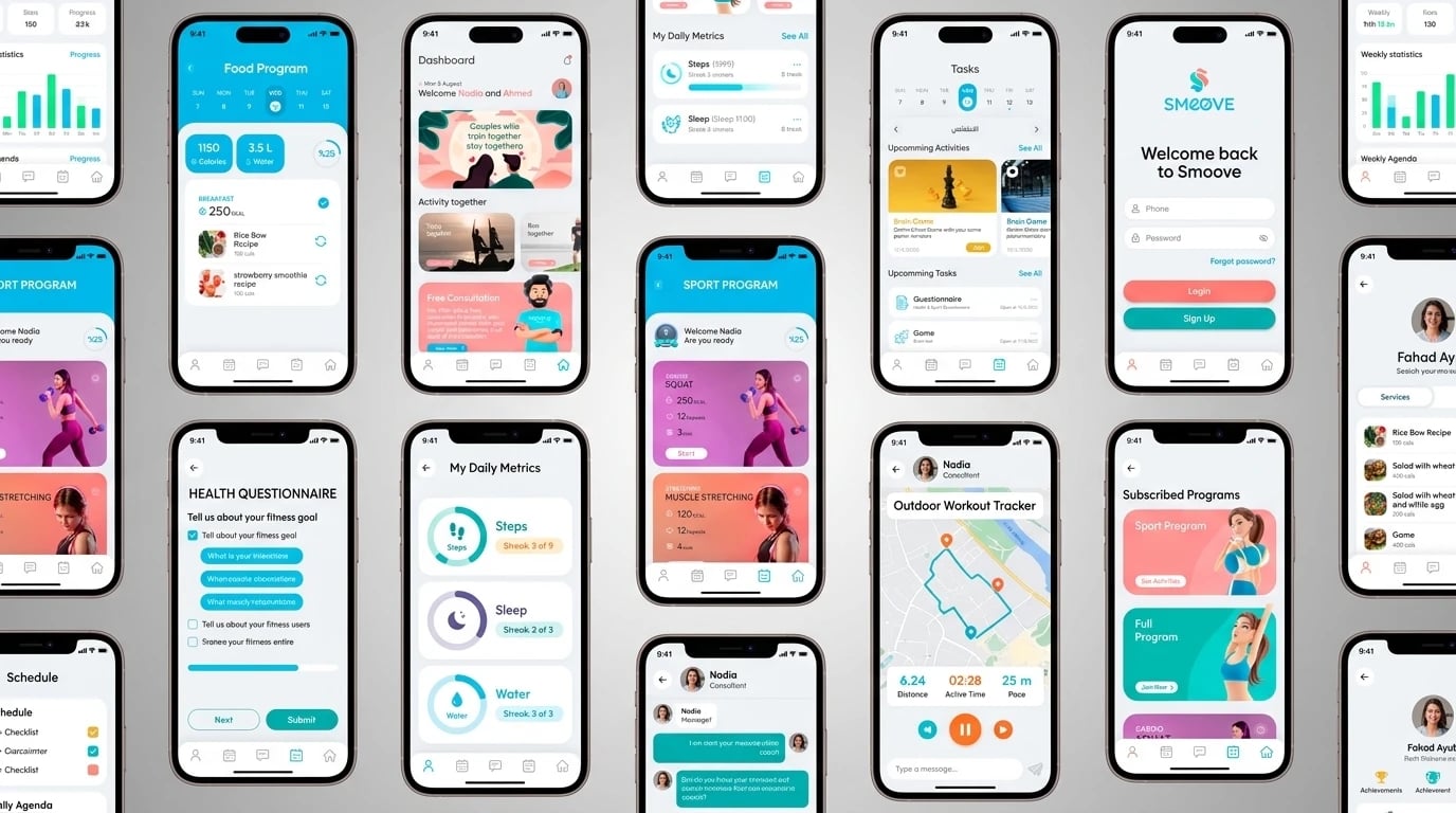 Smoove app screens — Food Program, Sport Program, health questionnaire, daily metrics for steps, sleep and water, tasks and activities, outdoor workout tracker, chat with a consultant, subscribed programs and sign-in