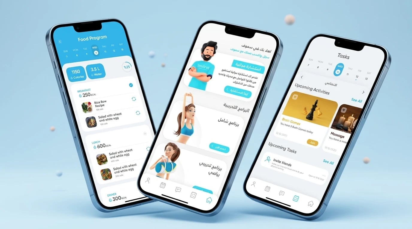 Smoove app on three phones — the Food Program with calories, water and meals, the Arabic home screen with a free consultation and training programs, and tasks with upcoming activities