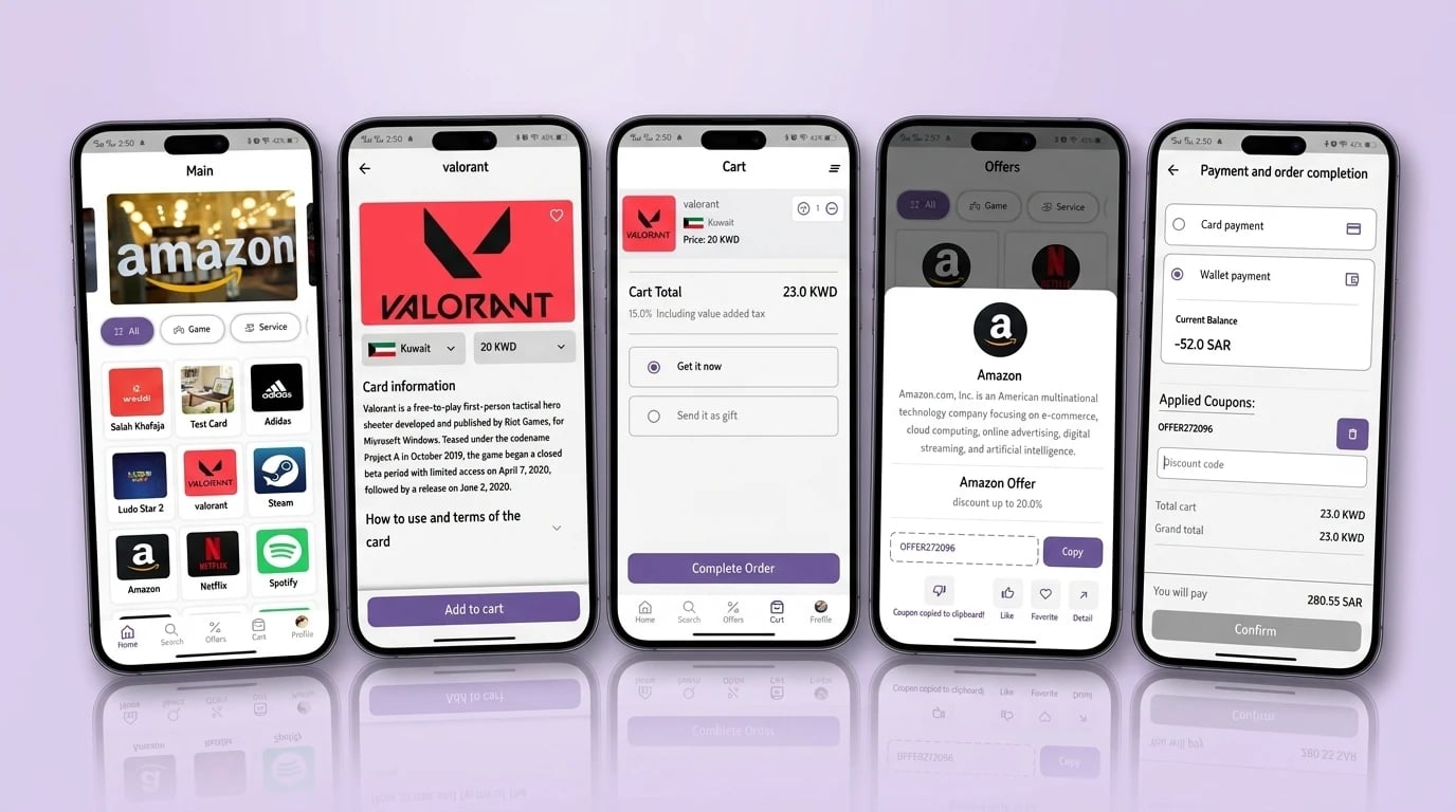 Star Card app on five phones — the main brand grid, a Valorant card for Kuwait at 20 KWD, the cart with Get it now or Send it as gift, an Amazon offer with a coupon code, and payment by card or wallet with applied coupons