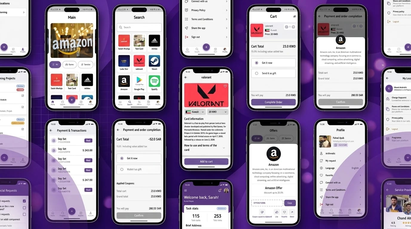 Star Card app screens — main with a featured Amazon banner and brand grid, search, profile menu, cart, payment and order completion, a Valorant card detail, offers with coupon codes, payment and transactions, and profile