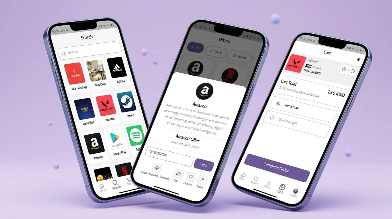 Star Card app on three phones — search across gift card brands, an Amazon offer with a coupon code, and the cart with Get it now or Send it as gift