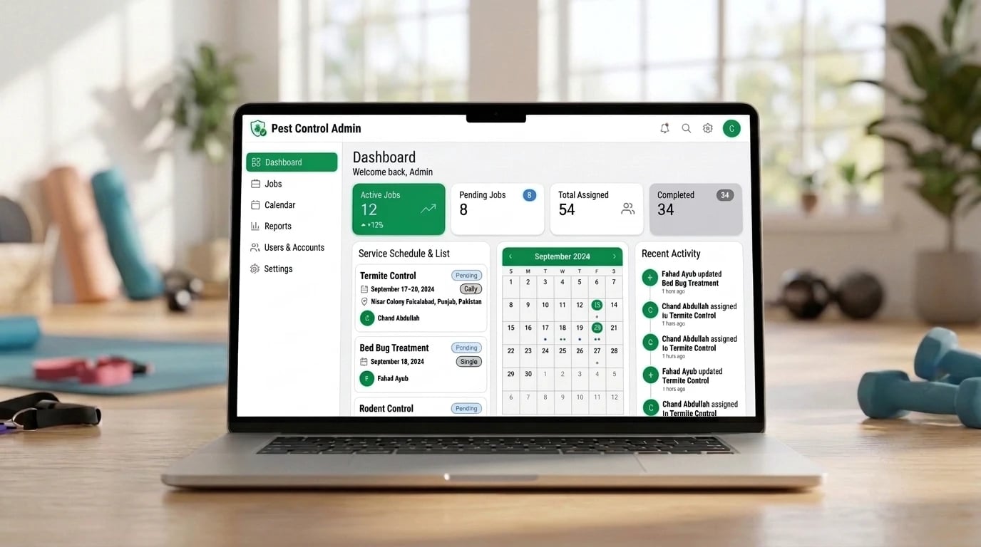 TSM Pest Control Admin dashboard on a laptop — active, pending, assigned and completed jobs, a service schedule with termite control and bed bug treatment, a September calendar and recent activity