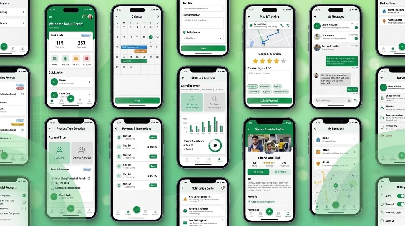 TSM app screens — home with task stats, calendar, create project, map and tracking with feedback, messages, saved locations, account type selection, payments and transactions, reports and analytics, service provider profile and notifications