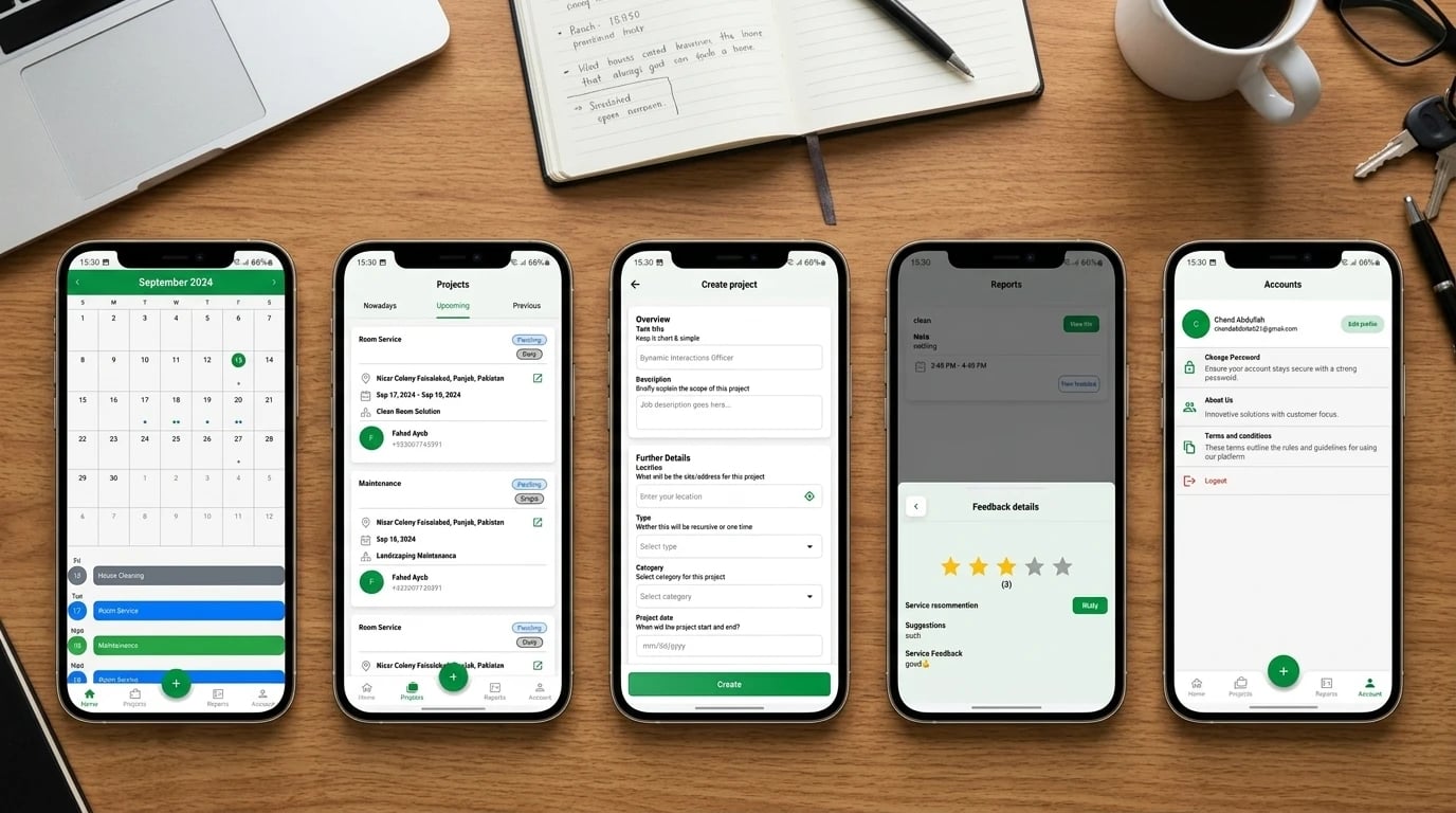 TSM on five phones on a desk — the September job calendar, upcoming projects with status and frequency, Create project, feedback details with a star rating, and the account screen