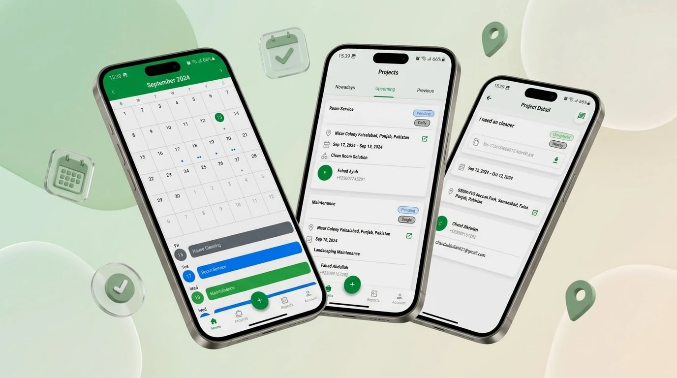TSM app on three phones — the September 2024 job calendar with colour-coded services, upcoming projects with status, frequency and assigned staff, and a project detail with an attached file