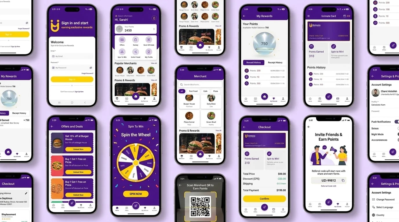 Uzimate app screens — sign-in, the home with points and shortcuts, merchant discovery, My Rewards with wallet balance, the Uzimate Card with points history, Offers and Deals coupons, Spin the Wheel, checkout, Scan Merchant QR to Earn Points, Invite Friends with a referral code and account settings