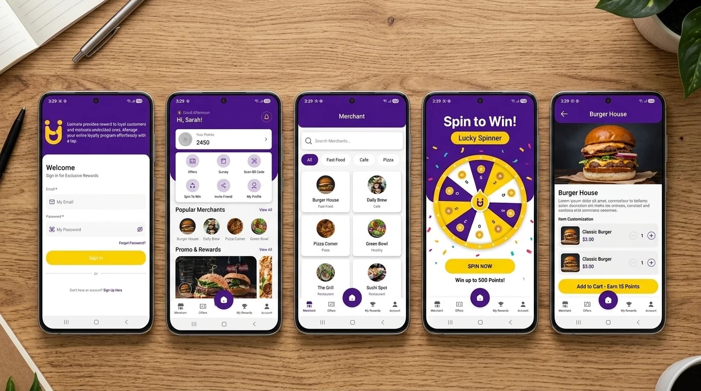 Uzimate on five phones on a desk — sign-in, the home with the points balance and popular merchants, merchant discovery, the Spin to Win wheel, and a merchant page where adding to cart earns 15 points