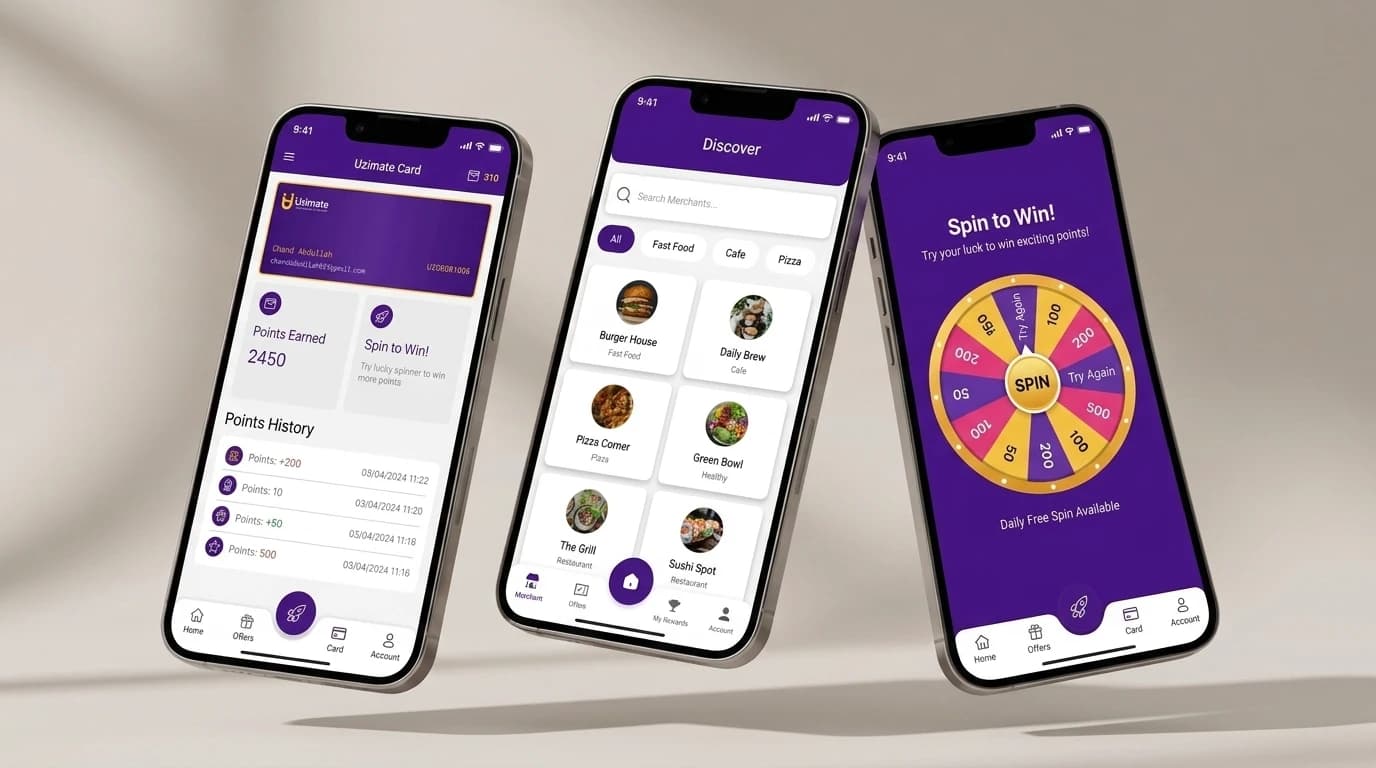 Uzimate on three phones — the Uzimate Card with points earned and points history, merchant discovery with category filters, and the Spin to Win wheel