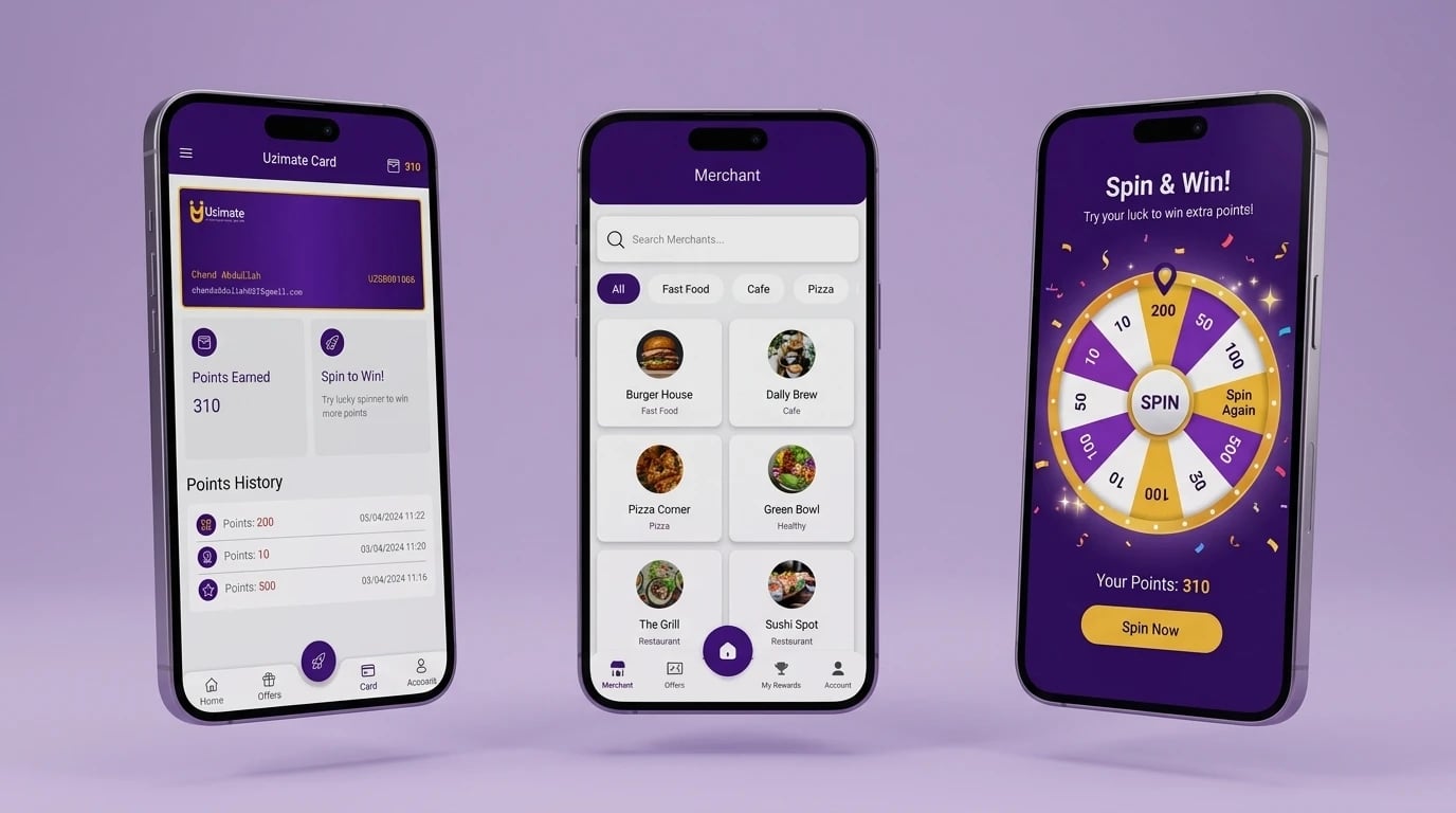 Uzimate on three phones — the Uzimate Card with points earned and points history, merchant discovery with category filters, and the Spin & Win wheel with the points balance