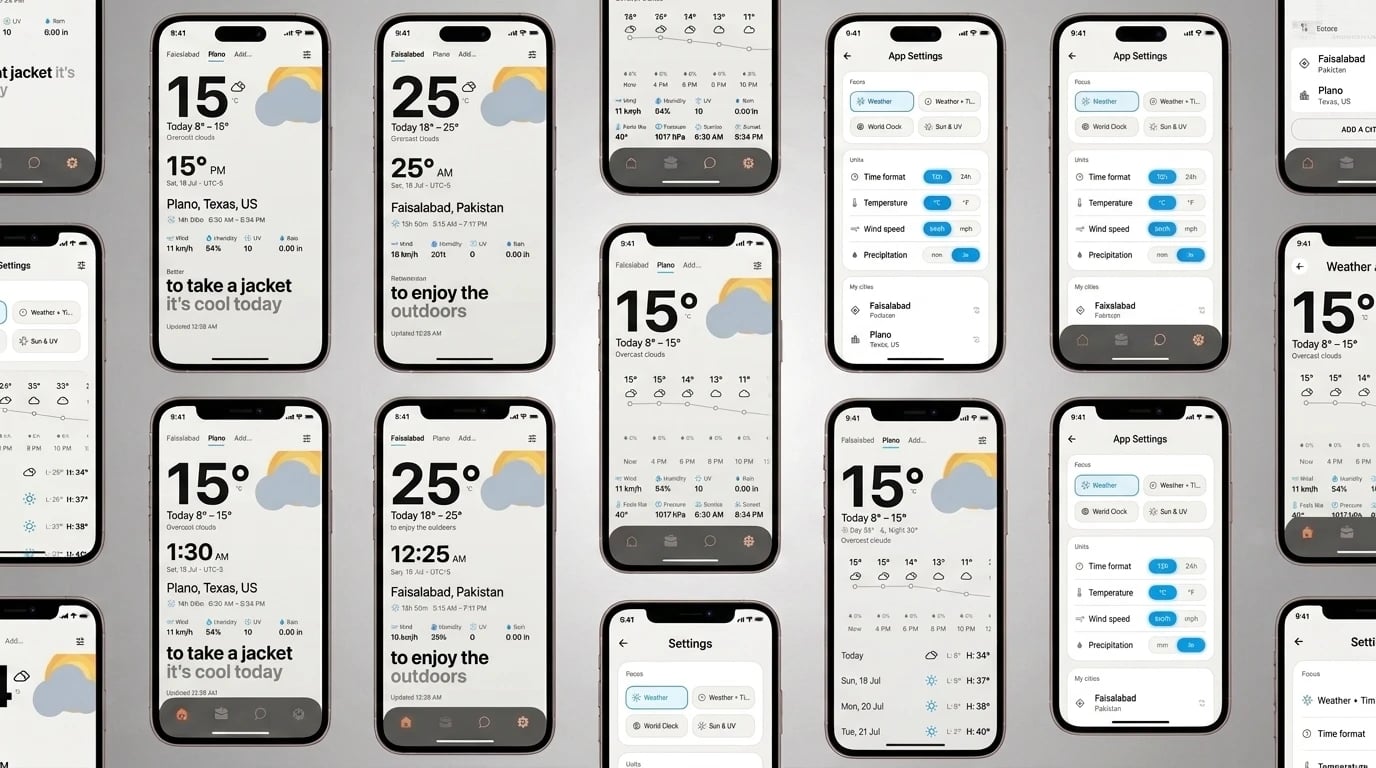Weather Lite app screens — current conditions for Plano and Faisalabad with local time, hourly forecasts, a 7-day list, app settings for focus and units, and saved cities