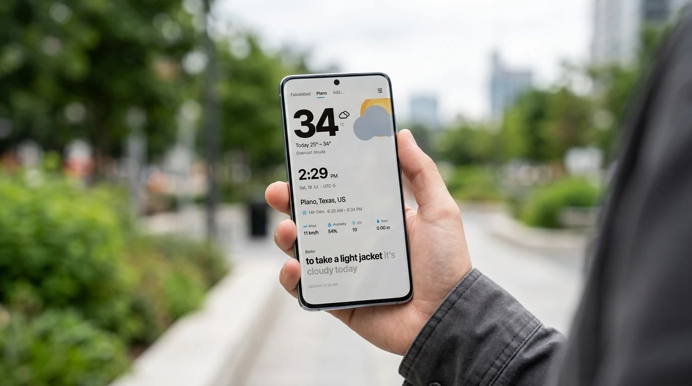 Weather Lite in hand on a city street — 34°C and overcast in Plano, Texas, with local time, wind, humidity, UV and rain, and the advice to take a light jacket