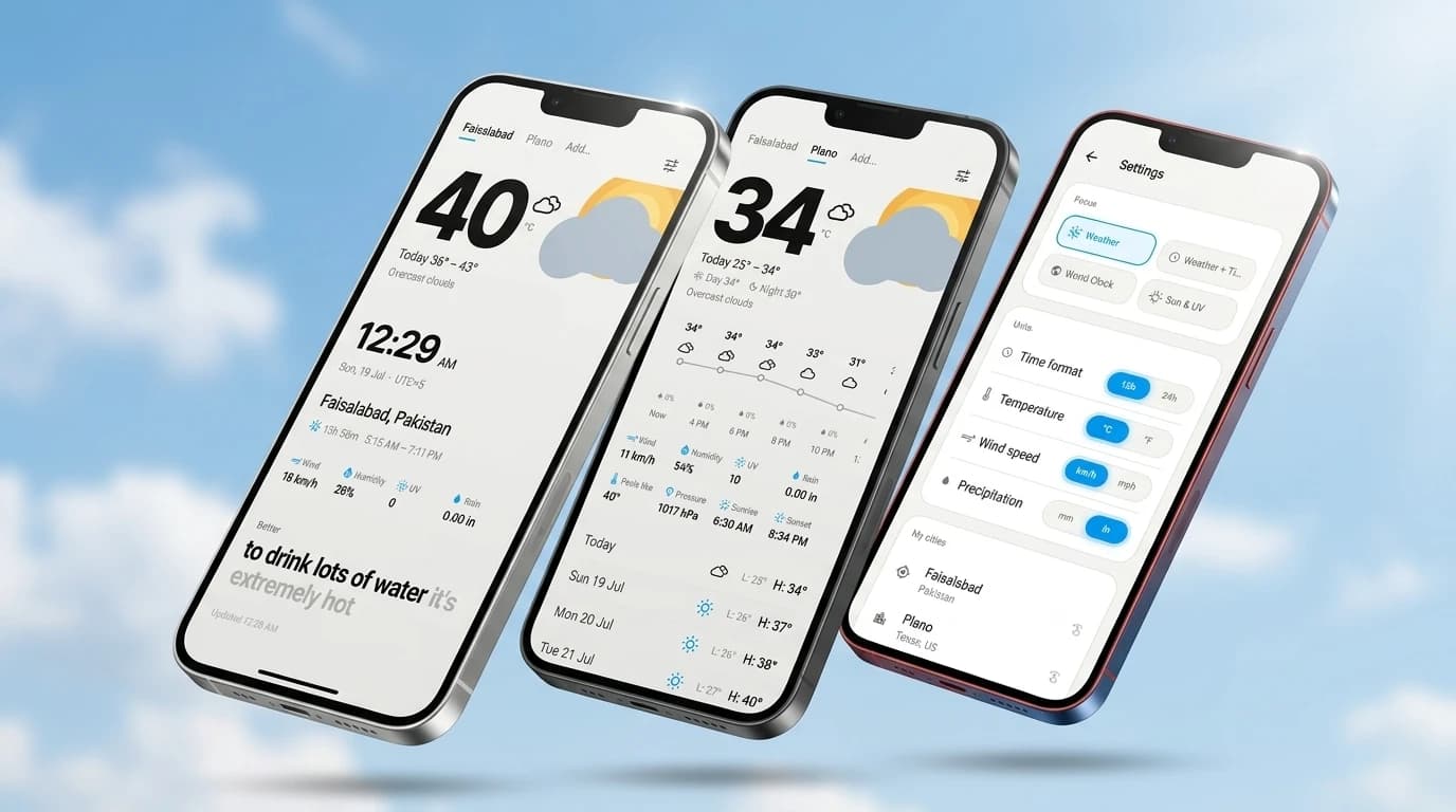 Weather Lite on three phones — 40°C in Faisalabad with the advice to drink lots of water, 34°C in Plano with an hourly forecast and 7-day list, and settings for focus, units and cities