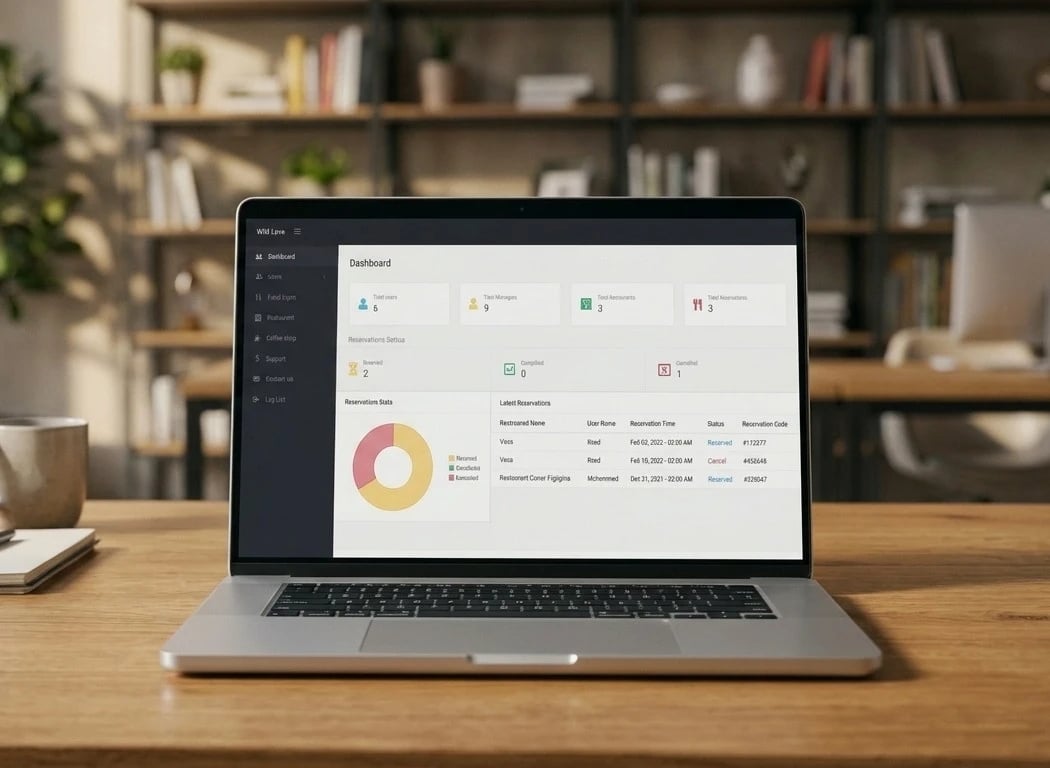 With Love management dashboard on a laptop — total users, managers, restaurants and reservations, reservation status, a reservation stats chart and the latest reservations