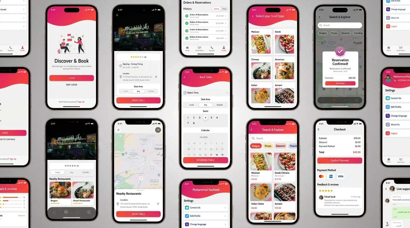 With Love app screens — Discover & Book, restaurant pages with seat areas, nearby restaurants on a map, Book Table with seats and calendar, food types, Search & Explore, Reservation Confirmed, checkout, reviews, settings and live support
