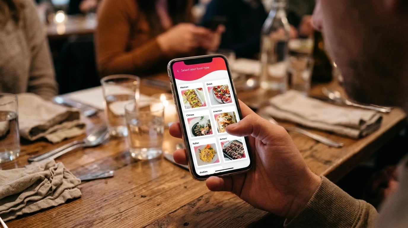 A diner at a restaurant table browsing With Love's Select your food type screen — Mexican, Greek, Chinese, American, Italian and Arabian